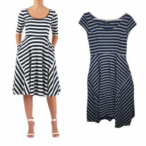 ESHAKTI dress blue stripe cotton‎ knit fit and flare stretch S